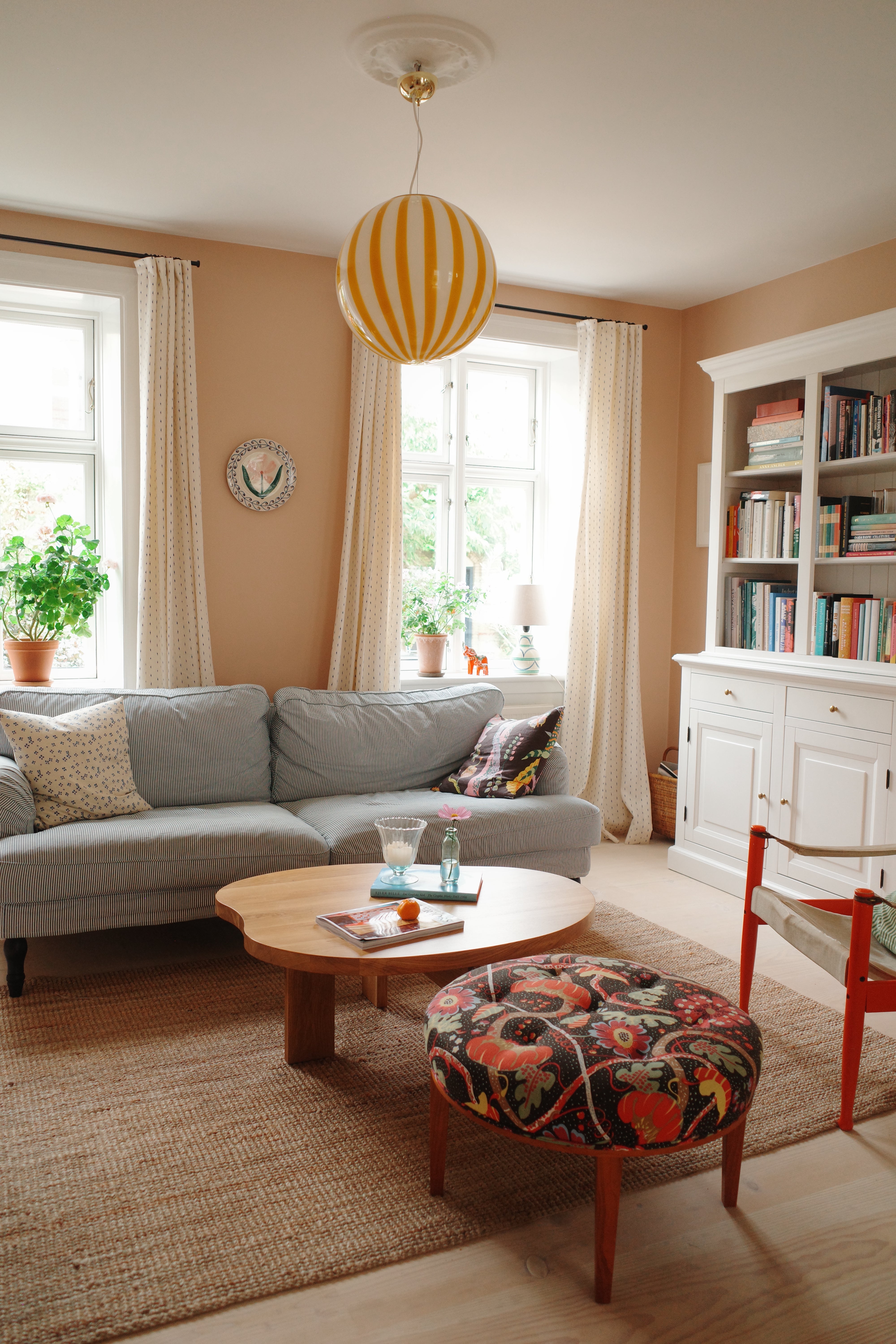 Stor Murano Candy pendel gul/vit vertikala ränder D:40 cm