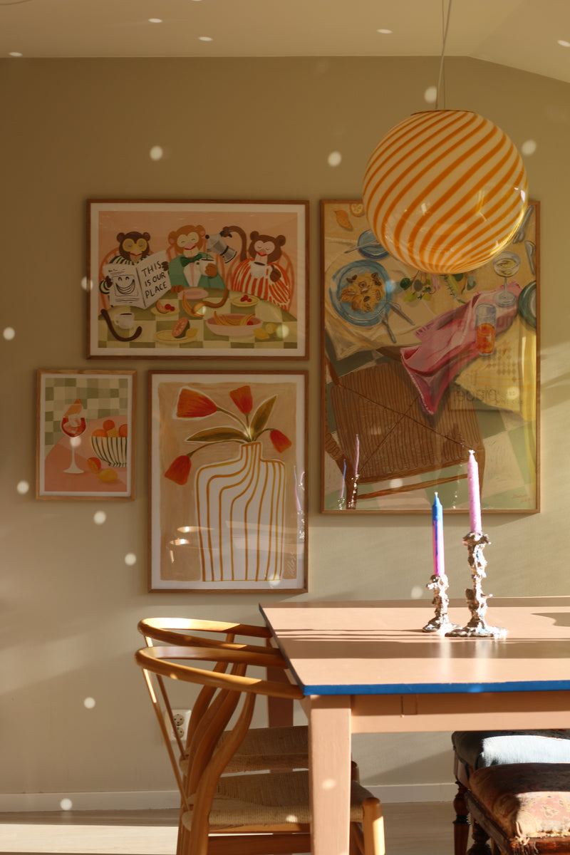 Stor Murano Candy-pendel gul/vit swirl D:40 cm