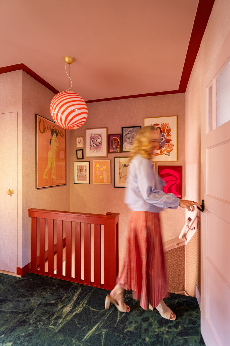 Stor Murano Candy pendel röd/vit swirl D:40 cm