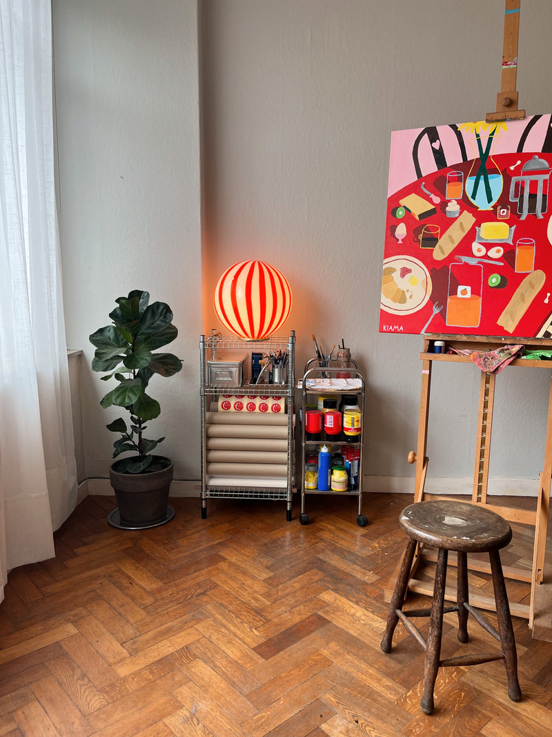 Murano Candy golvlampa röd/vit vertikala ränder D:40 cm