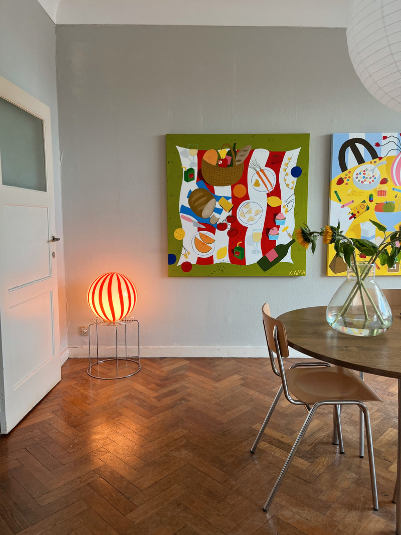 Murano Candy golvlampa röd/vit vertikala ränder D:40 cm