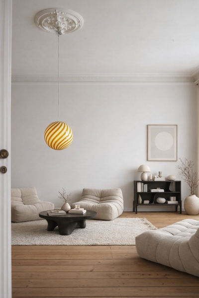 stor Murano pendel i gul/hvid swirl mønster hænger elegant over en tæppebelagt stue med moderne møbler