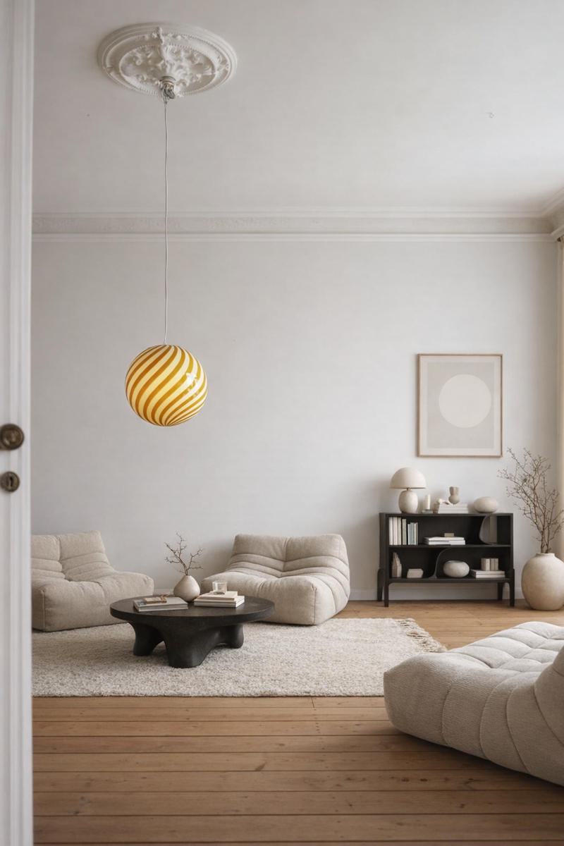 stor Murano pendel i gul/hvid swirl mønster hænger elegant over en tæppebelagt stue med moderne møbler