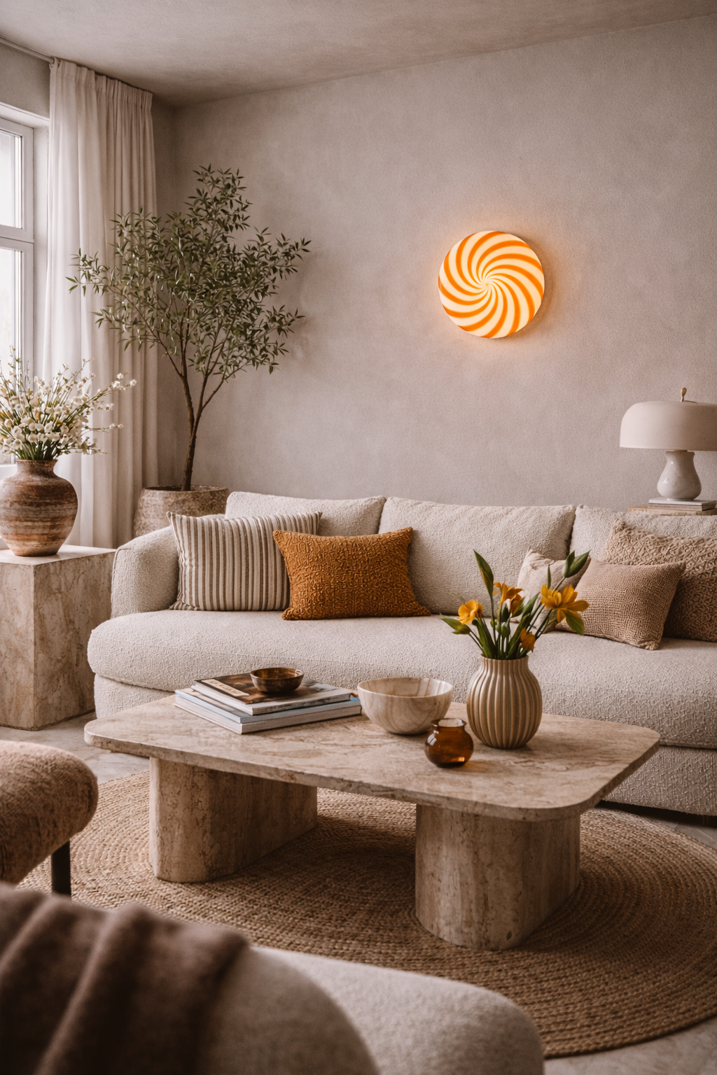 Murano plafond i orange/hvid swirl mønster hænger elegant over sofaen, der fremhæver dens livlige farver