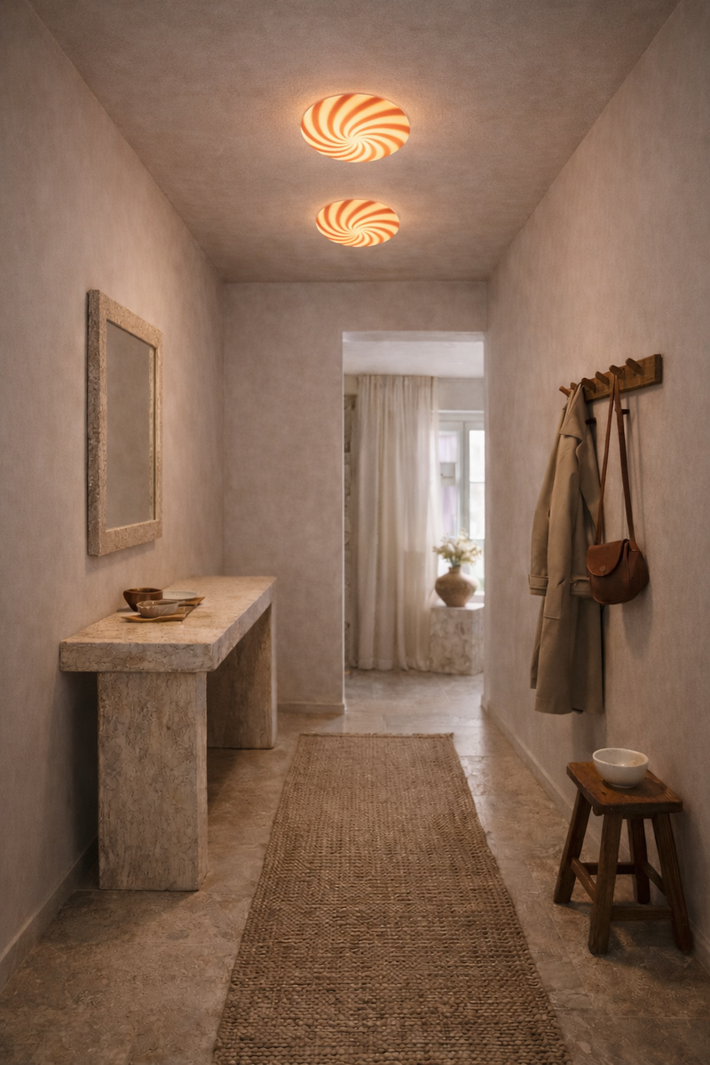 Ny Murano Candy plafond loftlampe / væglampe i orange/hvid med swirl. Mundblæst glas i cirkulær, flad form..., set fra siden