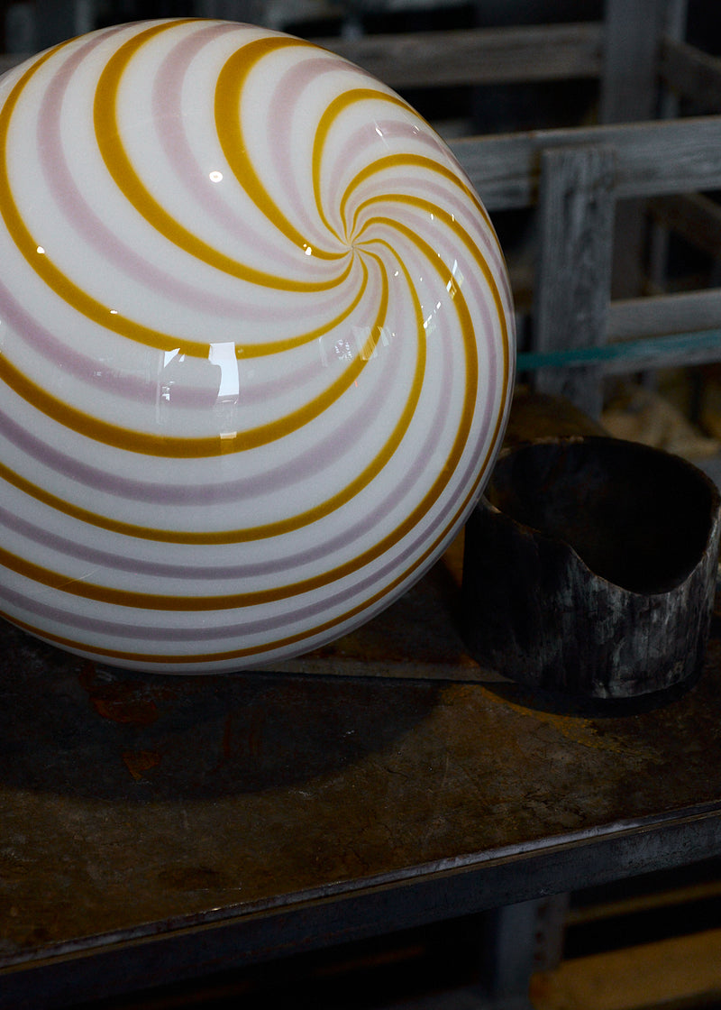 Große Murano Candy Pendelleuchte gelb/lila Swirl D:40 cm