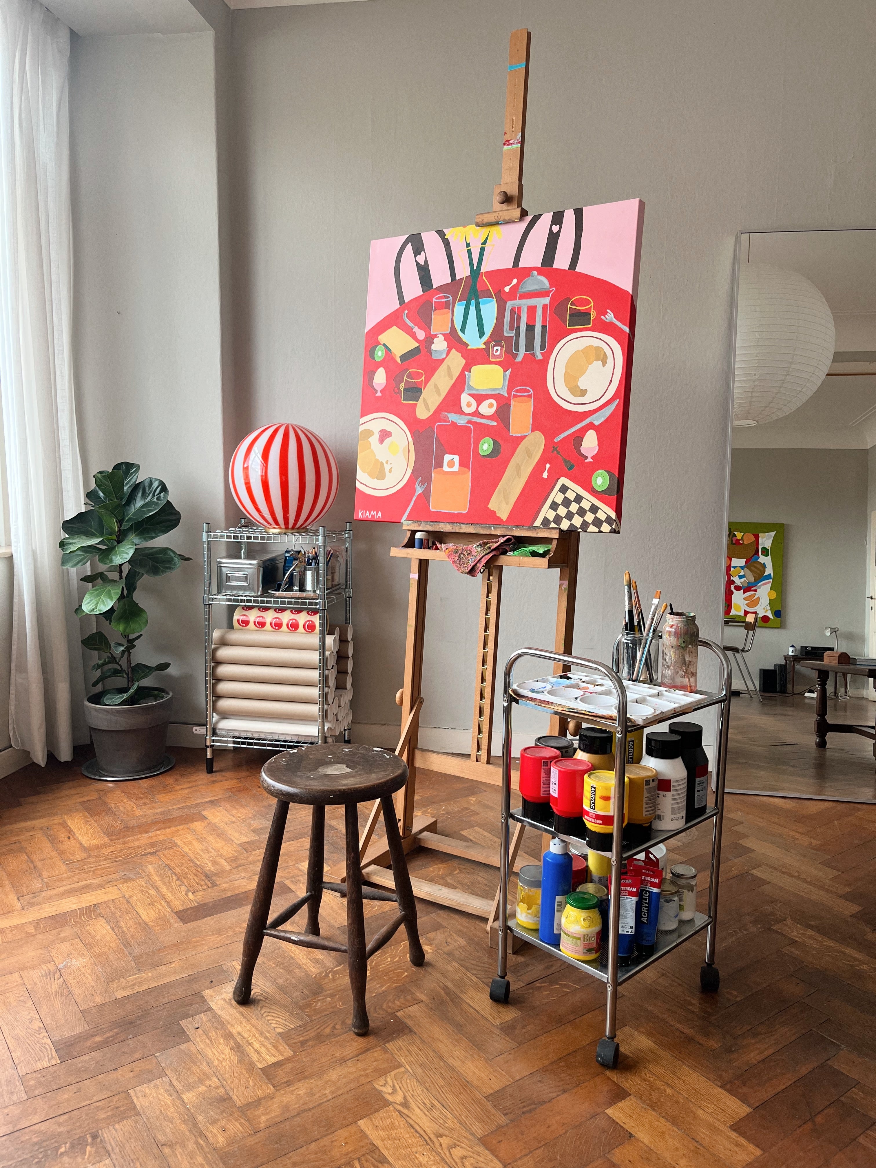 Murano red/white table lamp - vertical stripes