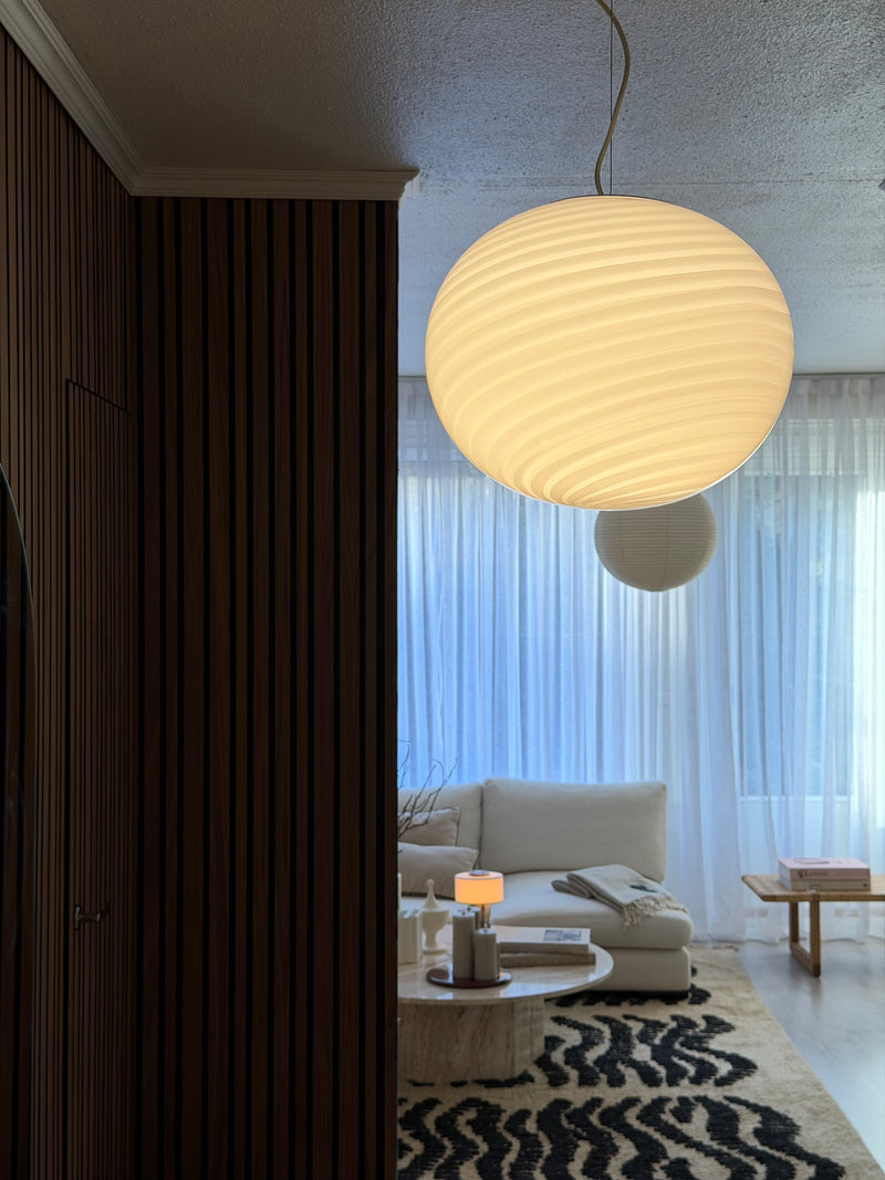 Stor Murano Candy oval pendel hvid swirl D:40 cm