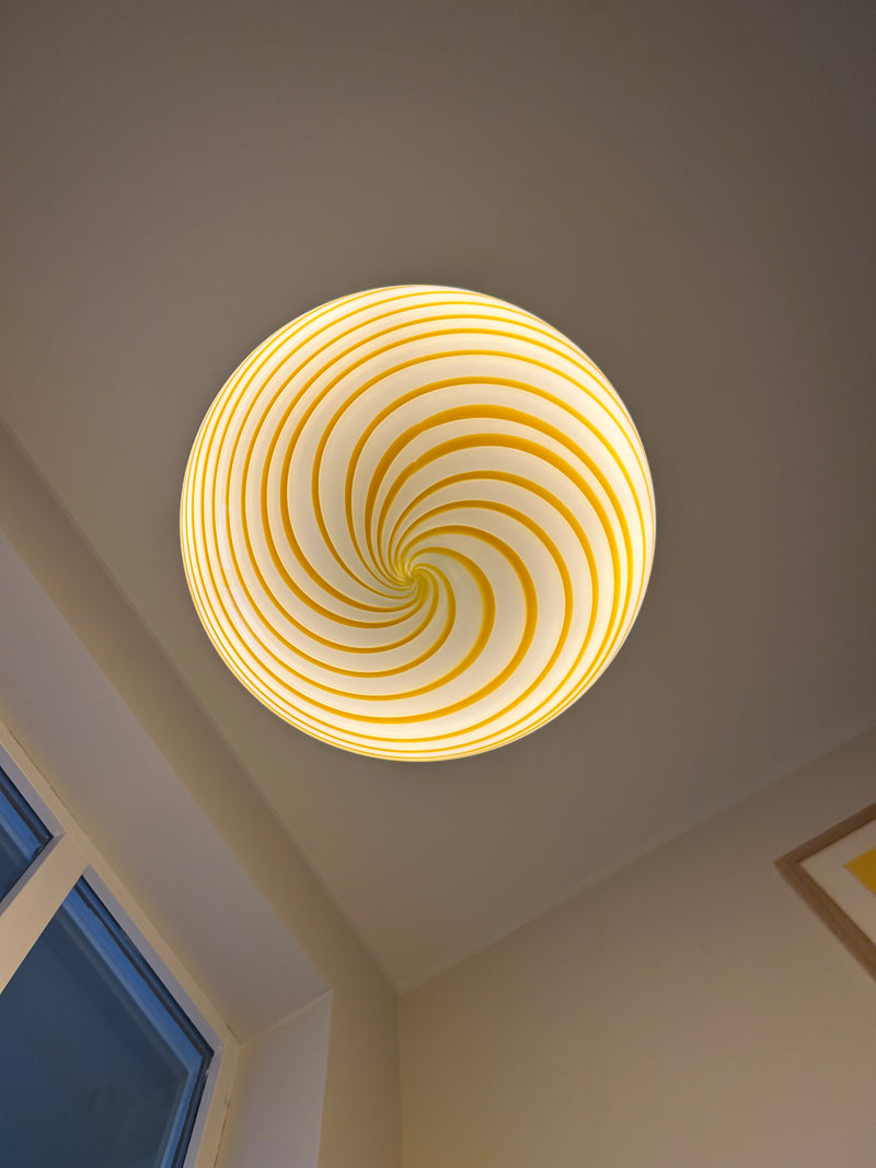 Große Murano Candy Pendelleuchte gelb/weiß Swirl D:40 cm