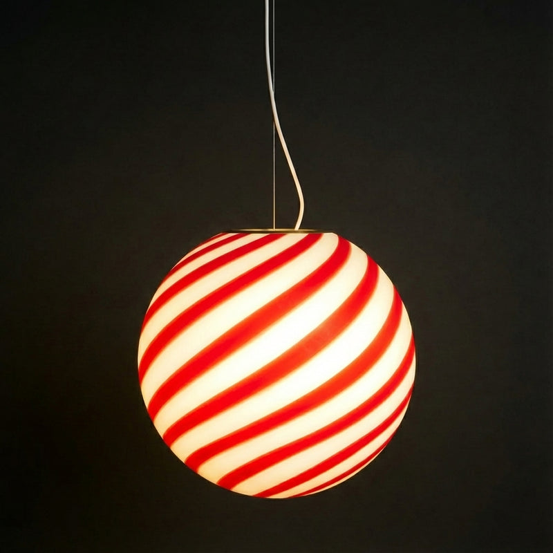 Stor Murano Candy pendel bordeaux röd/vit swirl D:40 cm med lys